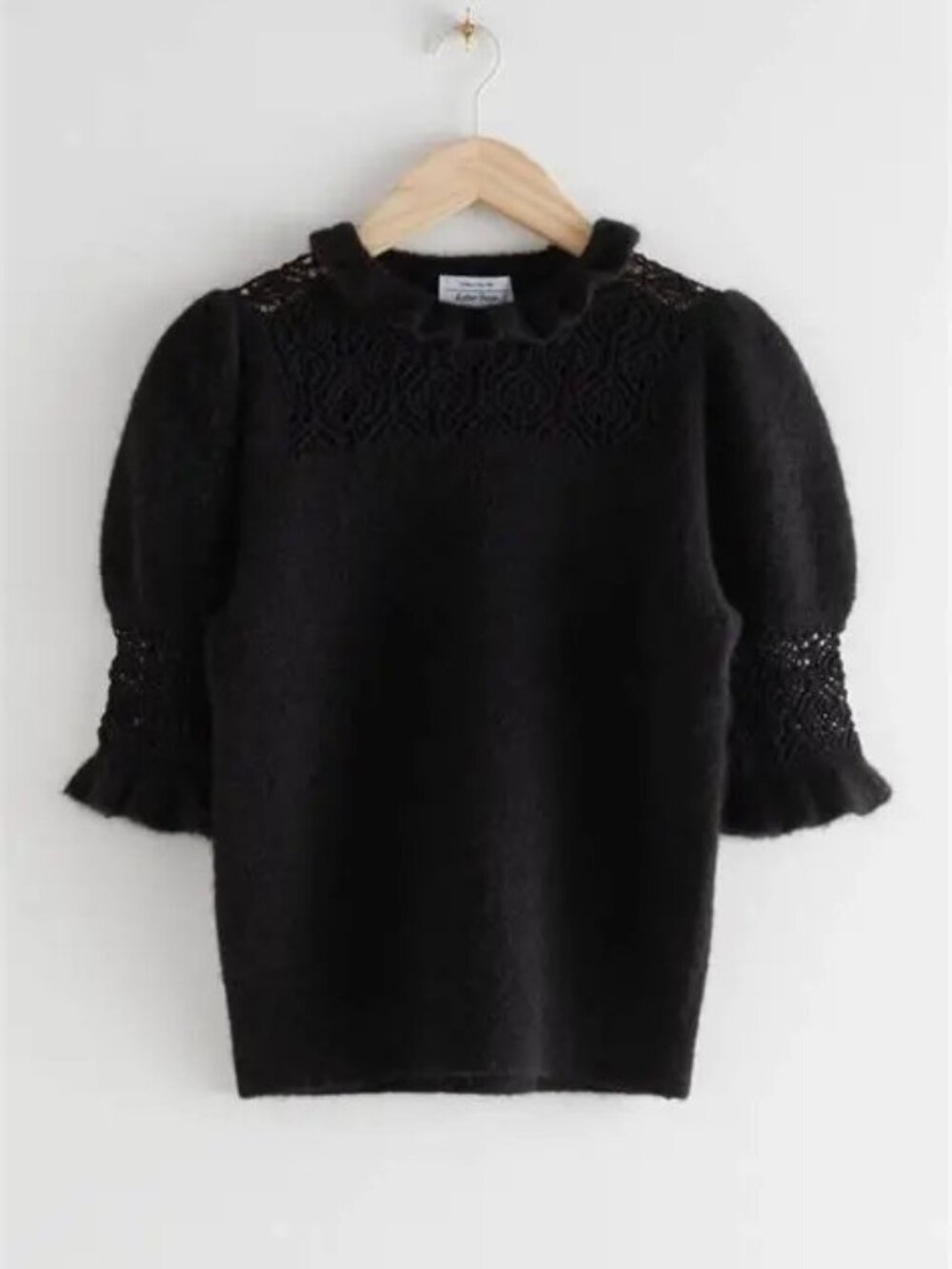 New Tags & Other Stories Black Ruffled Puff Sleeve Pointelle Knit Top, size S